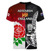 New Zealand And England Rugby Women V Neck T Shirt 2023 World Cup All Black Combine Red Roses LT14 - Polynesian Pride