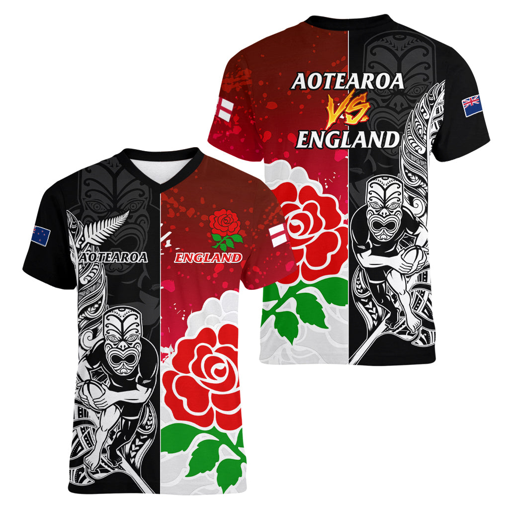 New Zealand And England Rugby Women V Neck T Shirt 2023 World Cup All Black Combine Red Roses LT14 - Polynesian Pride