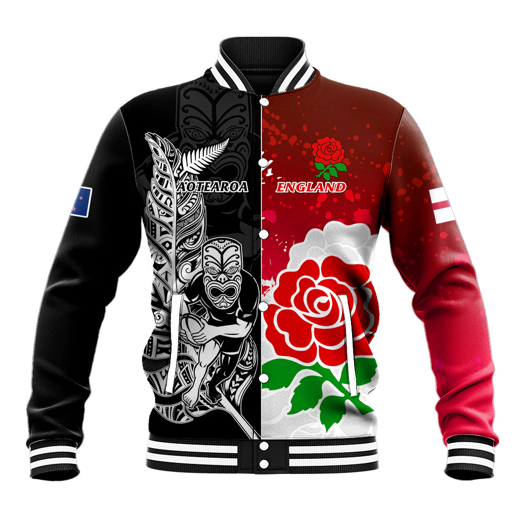 Custom New Zealand And England Rugby Baseball Jacket 2023 World Cup All Black Combine Red Roses LT14 Unisex Black - Polynesian Pride