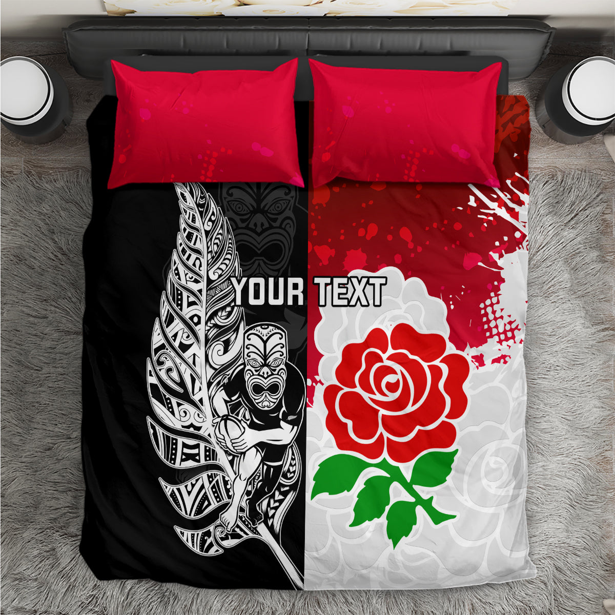 Custom New Zealand And England Rugby Bedding Set 2023 World Cup All Black Combine Red Roses LT14 Black - Polynesian Pride