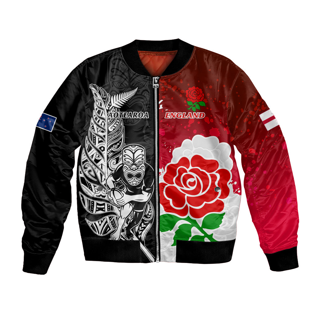 Custom New Zealand And England Rugby Bomber Jacket 2023 World Cup All Black Combine Red Roses LT14 Unisex Black - Polynesian Pride