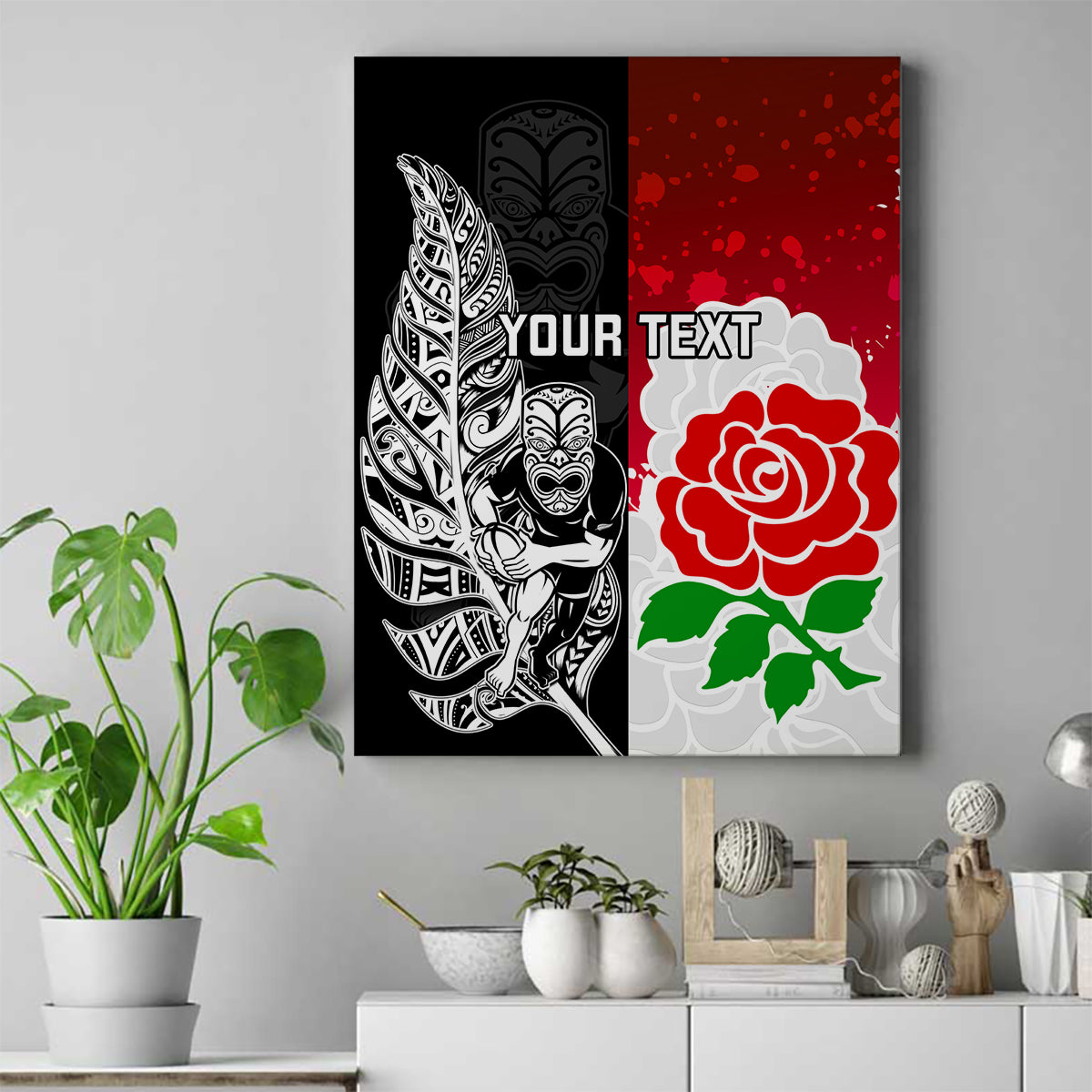 Custom New Zealand And England Rugby Canvas Wall Art 2023 World Cup All Black Combine Red Roses LT14 Black - Polynesian Pride