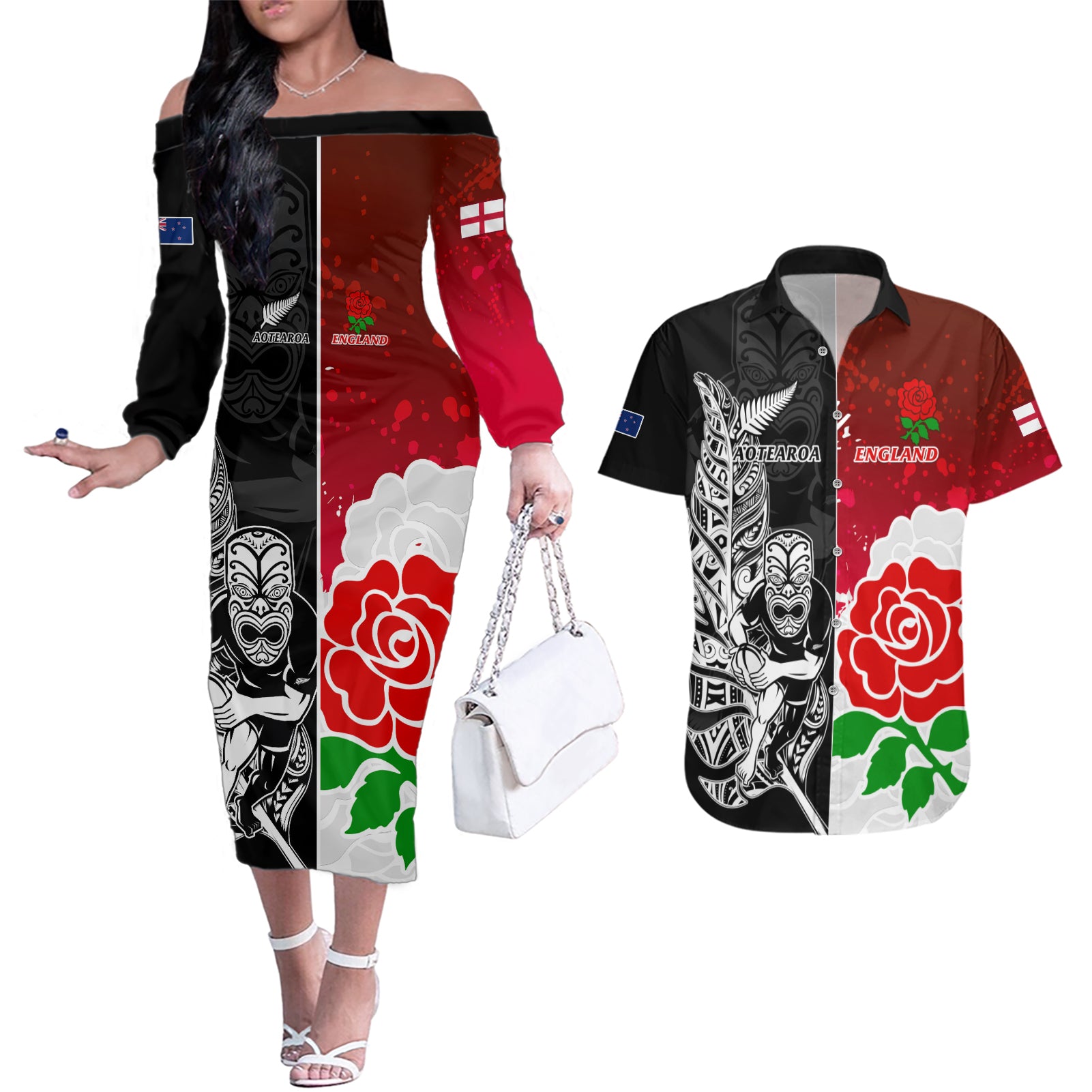 Custom New Zealand And England Rugby Couples Matching Off The Shoulder Long Sleeve Dress and Hawaiian Shirt 2023 World Cup All Black Combine Red Roses LT14 Black - Polynesian Pride