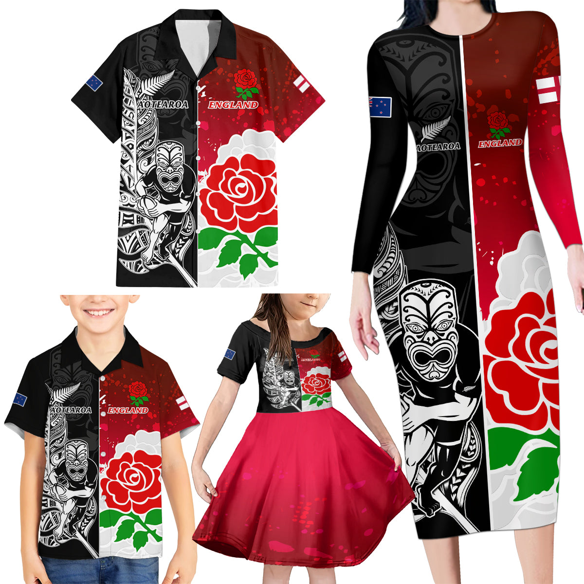 Custom New Zealand And England Rugby Family Matching Long Sleeve Bodycon Dress and Hawaiian Shirt 2023 World Cup All Black Combine Red Roses LT14 - Polynesian Pride