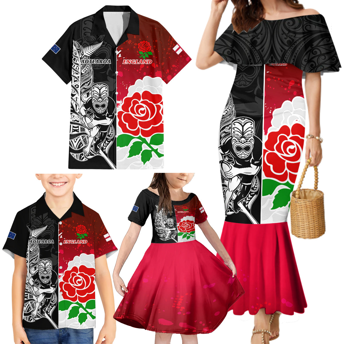 Custom New Zealand And England Rugby Family Matching Mermaid Dress and Hawaiian Shirt 2023 World Cup All Black Combine Red Roses LT14 - Polynesian Pride