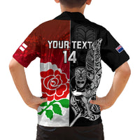 Custom New Zealand And England Rugby Family Matching Off Shoulder Long Sleeve Dress and Hawaiian Shirt 2023 World Cup All Black Combine Red Roses LT14 - Polynesian Pride