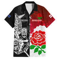 Custom New Zealand And England Rugby Family Matching Off Shoulder Long Sleeve Dress and Hawaiian Shirt 2023 World Cup All Black Combine Red Roses LT14 Dad's Shirt - Short Sleeve Black - Polynesian Pride
