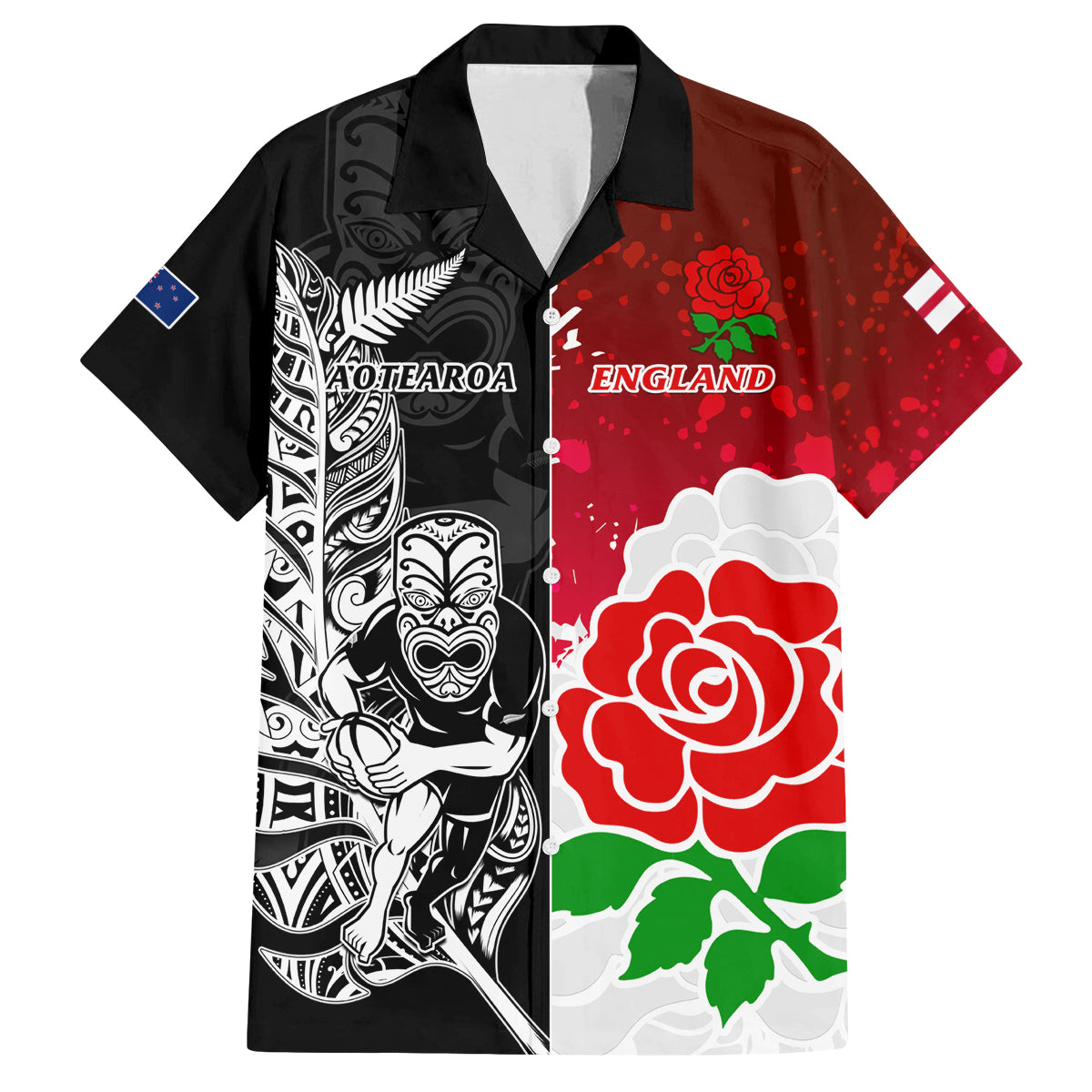 Custom New Zealand And England Rugby Family Matching Off Shoulder Short Dress and Hawaiian Shirt 2023 World Cup All Black Combine Red Roses LT14 Dad's Shirt - Short Sleeve Black - Polynesian Pride