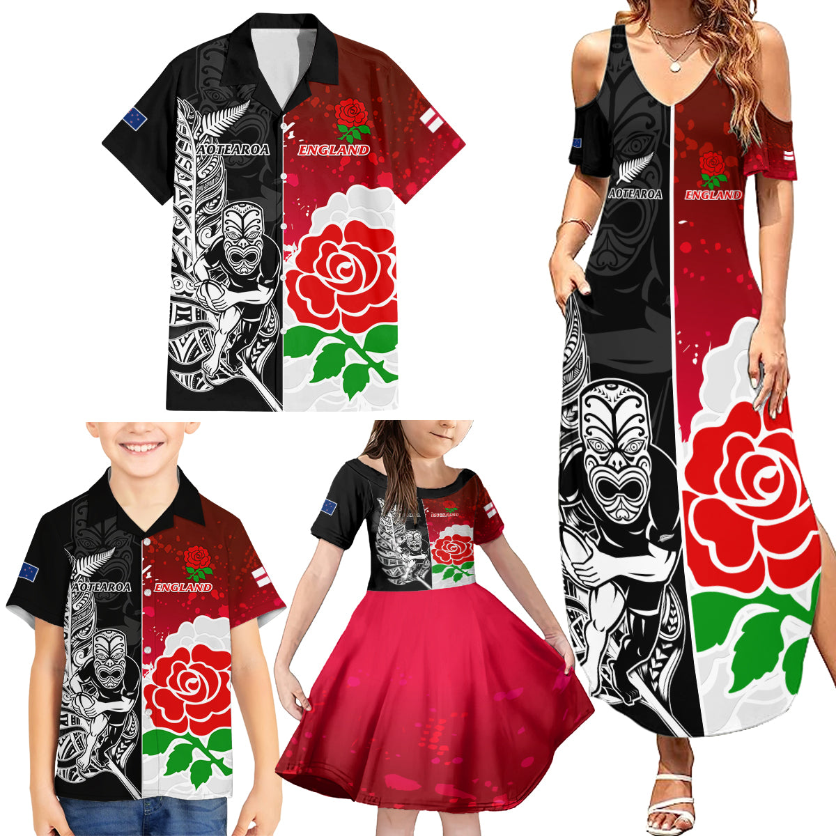 Custom New Zealand And England Rugby Family Matching Summer Maxi Dress and Hawaiian Shirt 2023 World Cup All Black Combine Red Roses LT14 - Polynesian Pride