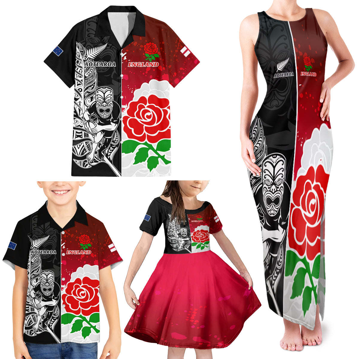 Custom New Zealand And England Rugby Family Matching Tank Maxi Dress and Hawaiian Shirt 2023 World Cup All Black Combine Red Roses LT14 - Polynesian Pride