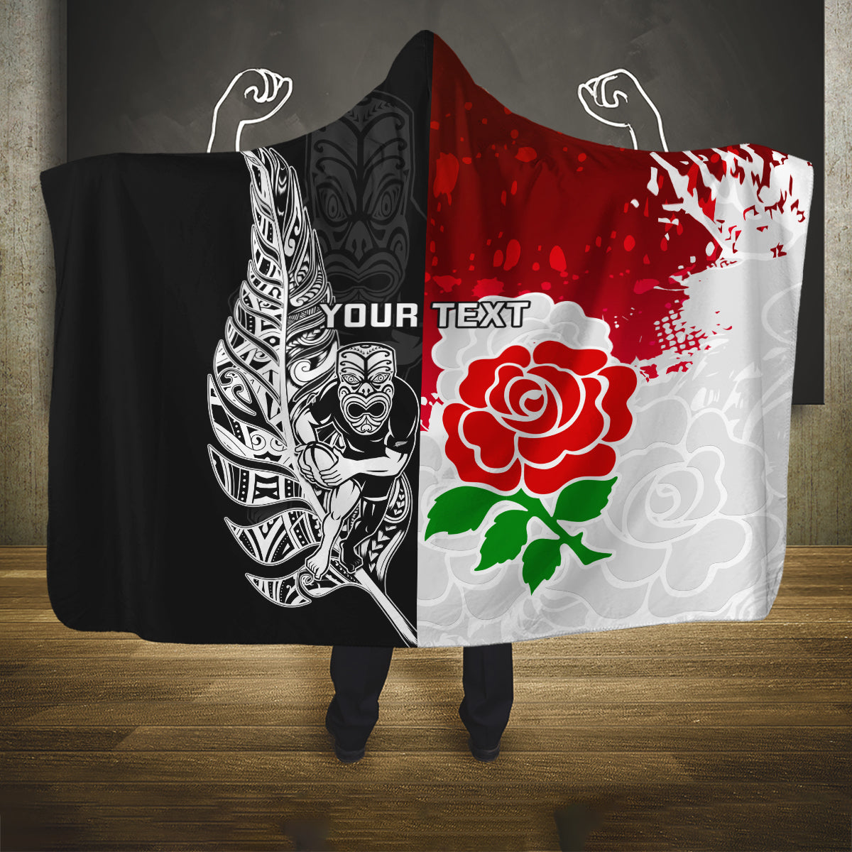 Custom New Zealand And England Rugby Hooded Blanket 2023 World Cup All Black Combine Red Roses LT14 One Size Black - Polynesian Pride