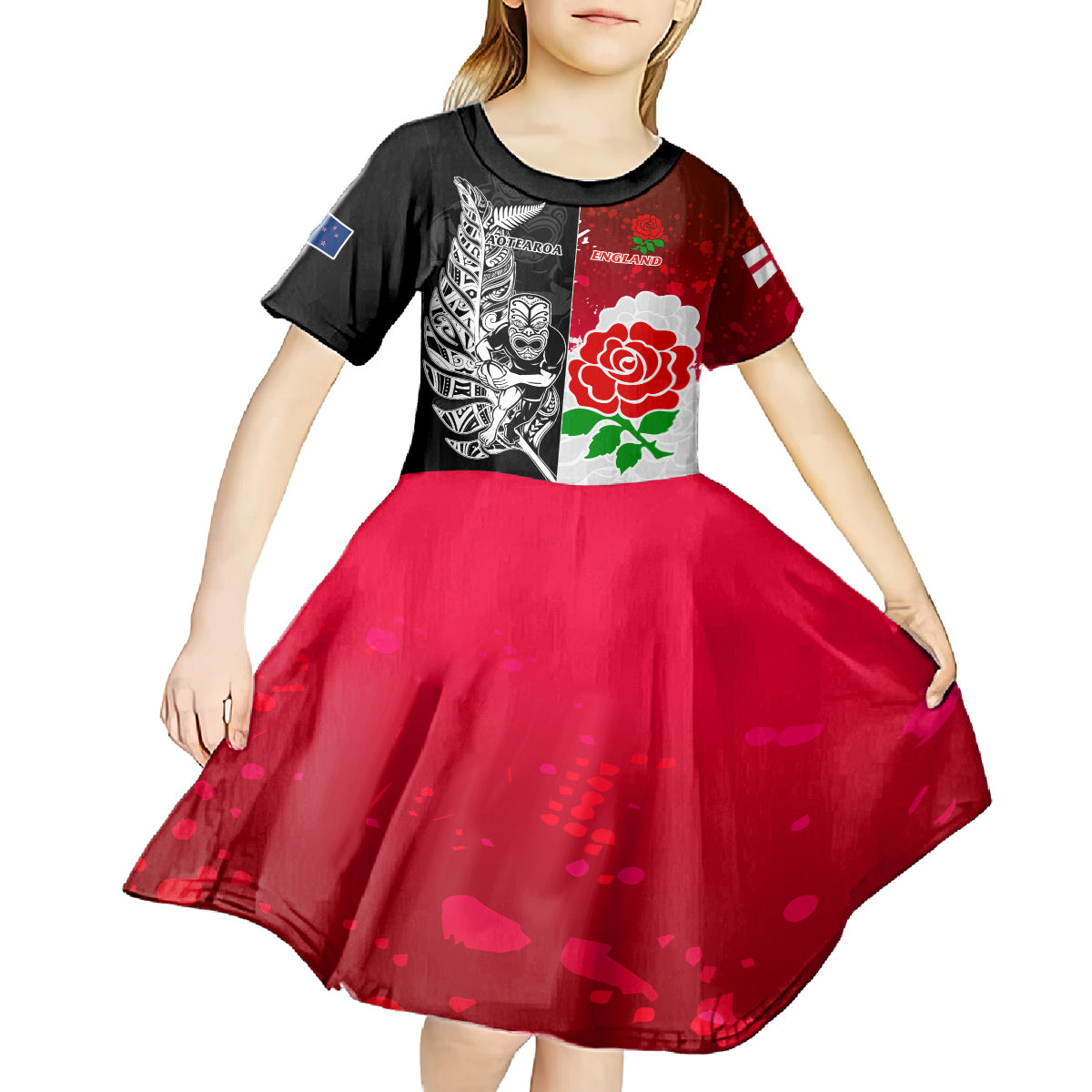 Custom New Zealand And England Rugby Kid Short Sleeve Dress 2023 World Cup All Black Combine Red Roses LT14 - Polynesian Pride