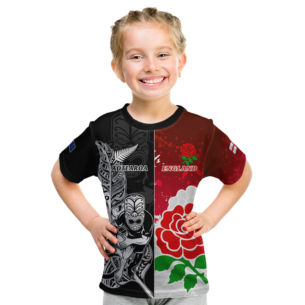 Custom New Zealand And England Rugby Kid T Shirt 2023 World Cup All Black Combine Red Roses LT14 Black - Polynesian Pride