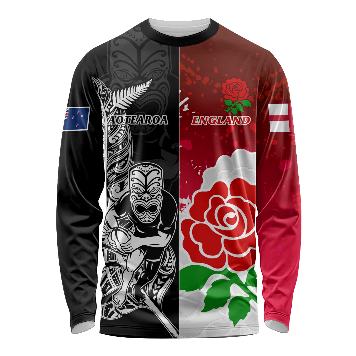 Custom New Zealand And England Rugby Long Sleeve Shirt 2023 World Cup All Black Combine Red Roses LT14 Unisex Black - Polynesian Pride