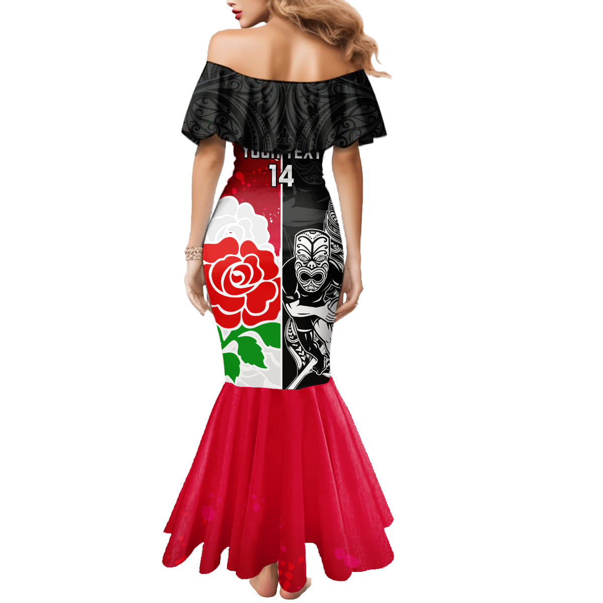 Custom New Zealand And England Rugby Mermaid Dress 2023 World Cup All Black Combine Red Roses LT14 - Polynesian Pride