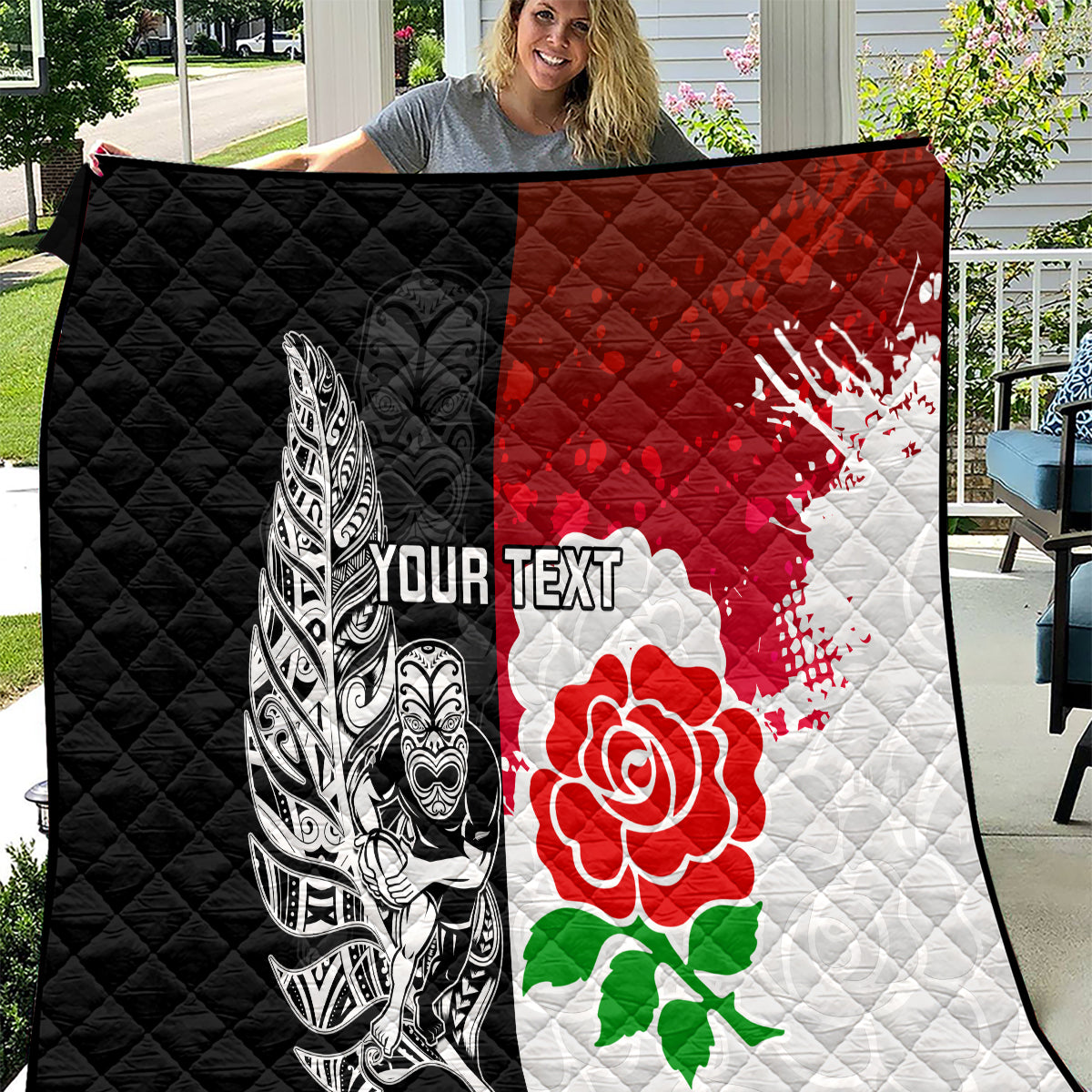 Custom New Zealand And England Rugby Quilt 2023 World Cup All Black Combine Red Roses LT14 Black - Polynesian Pride