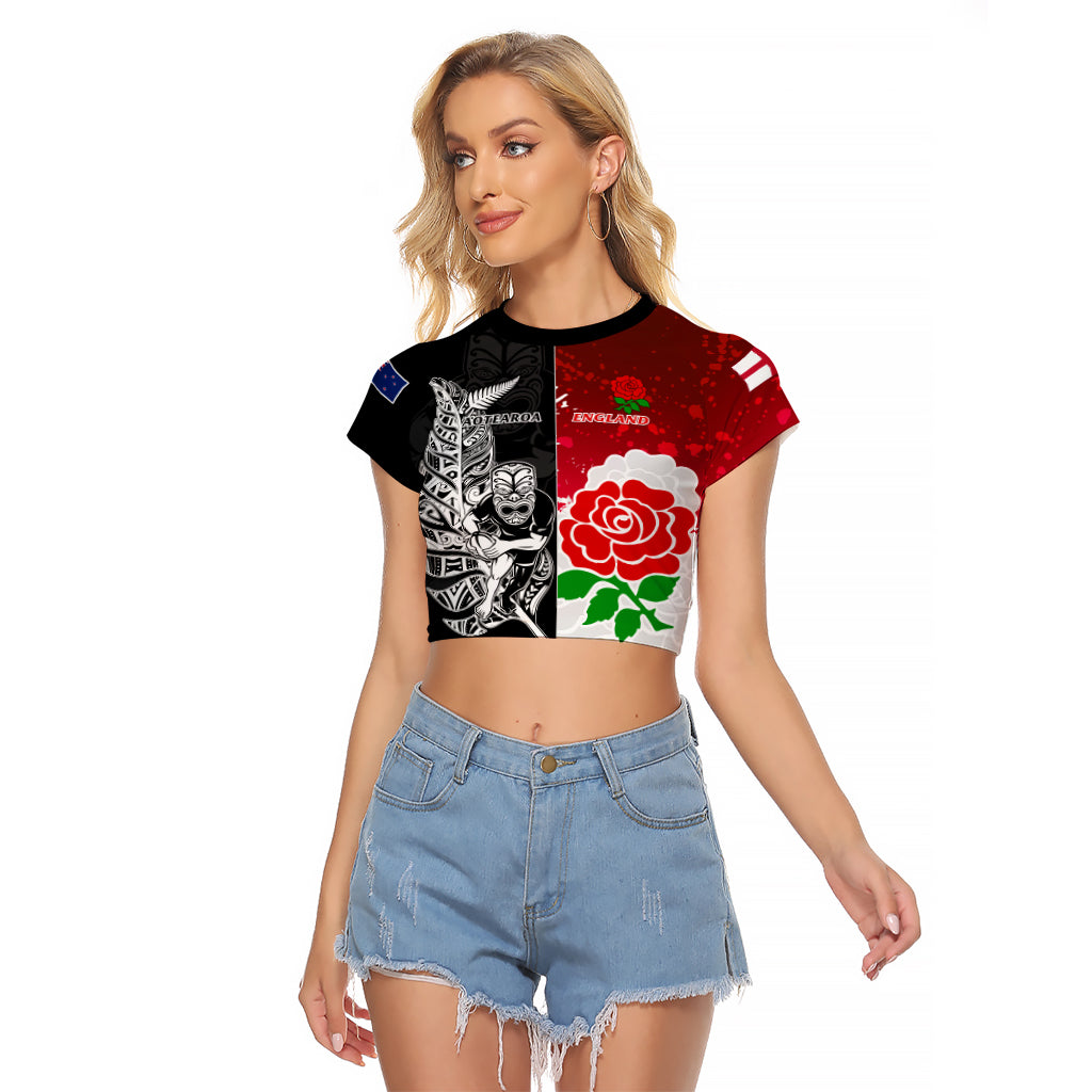 Custom New Zealand And England Rugby Raglan Cropped T Shirt 2023 World Cup All Black Combine Red Roses LT14 Female Black - Polynesian Pride