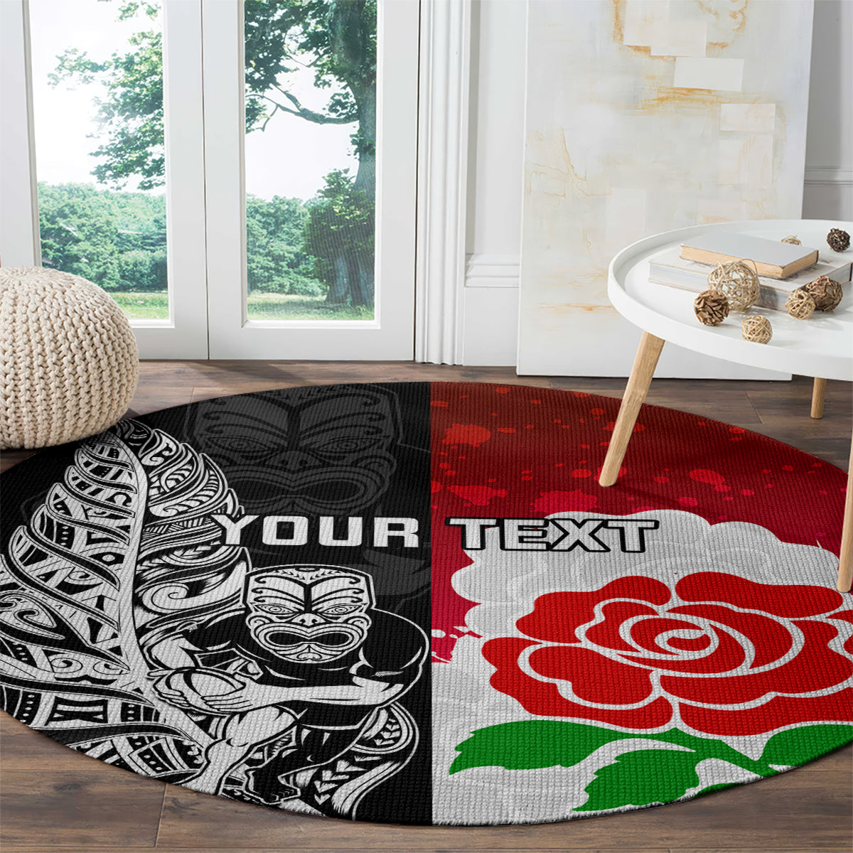 Custom New Zealand And England Rugby Round Carpet 2023 World Cup All Black Combine Red Roses LT14 - Polynesian Pride