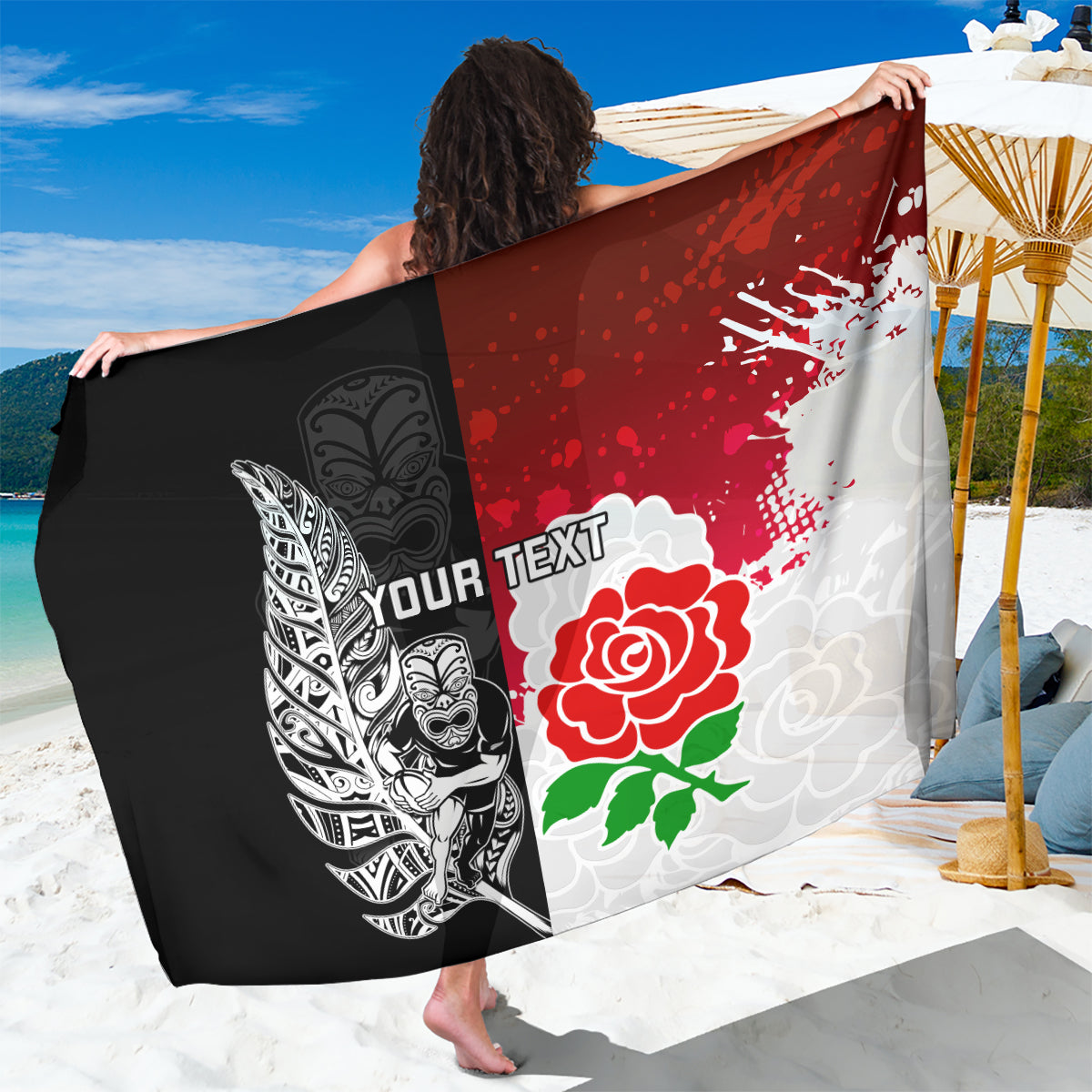 Custom New Zealand And England Rugby Sarong 2023 World Cup All Black Combine Red Roses LT14 One Size 44 x 66 inches Black - Polynesian Pride