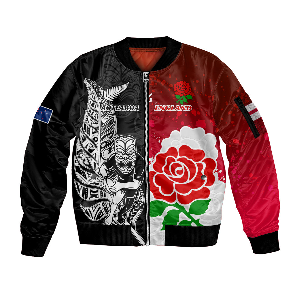 Custom New Zealand And England Rugby Sleeve Zip Bomber Jacket 2023 World Cup All Black Combine Red Roses LT14 Unisex Black - Polynesian Pride