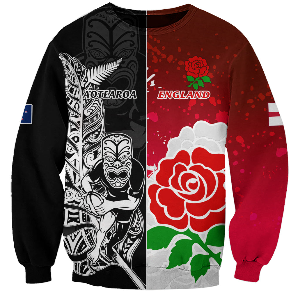 Custom New Zealand And England Rugby Sweatshirt 2023 World Cup All Black Combine Red Roses LT14 Unisex Black - Polynesian Pride