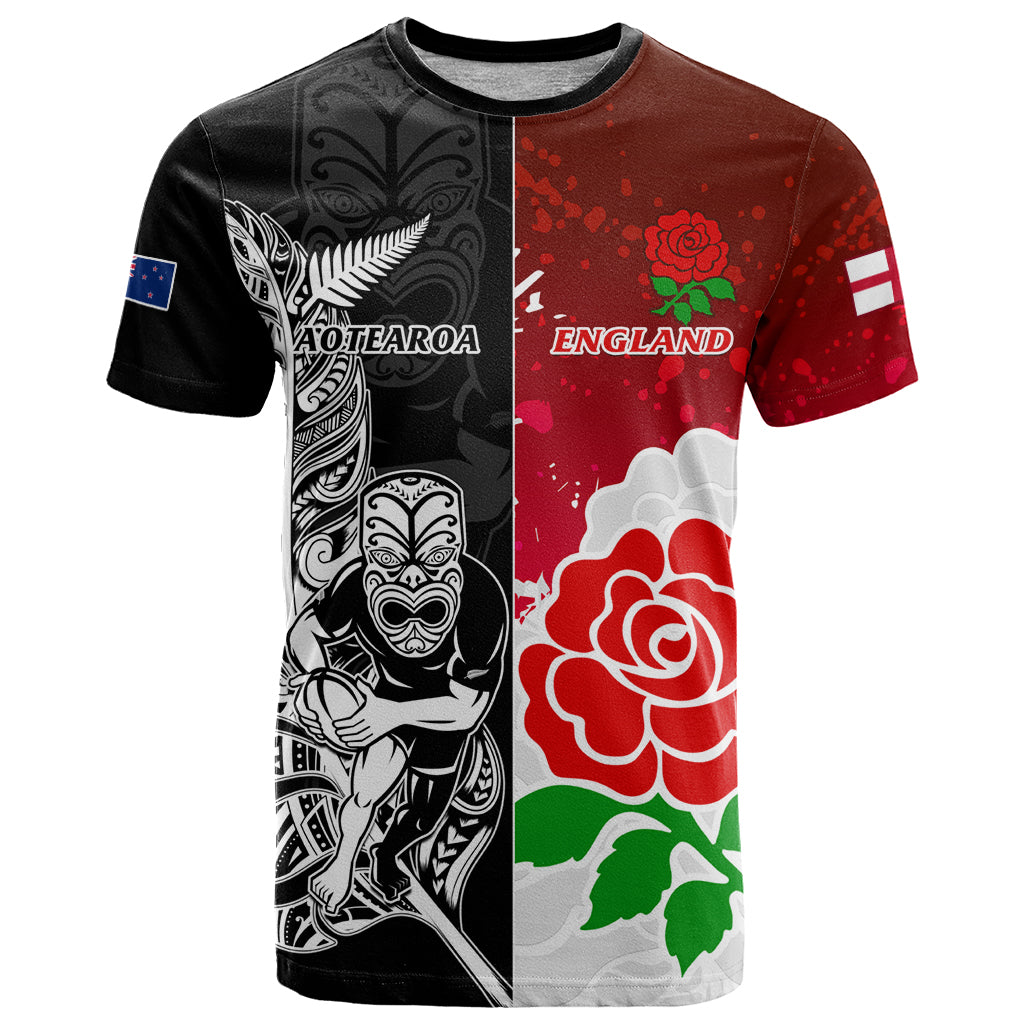 Custom New Zealand And England Rugby T Shirt 2023 World Cup All Black Combine Red Roses LT14 Black - Polynesian Pride