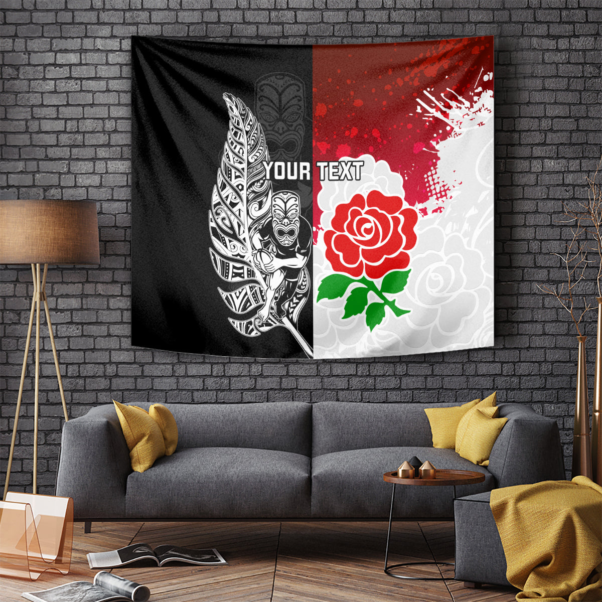 Custom New Zealand And England Rugby Tapestry 2023 World Cup All Black Combine Red Roses LT14 Black - Polynesian Pride