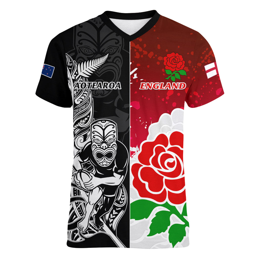 Custom New Zealand And England Rugby Women V Neck T Shirt 2023 World Cup All Black Combine Red Roses LT14 Female Black - Polynesian Pride