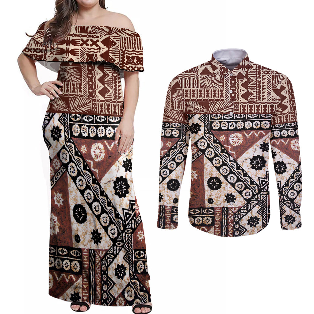 Bula Fiji Couples Matching Off Shoulder Maxi Dress and Long Sleeve Button Shirt Unique Masi Tapa Pattern LT14 Brown - Polynesian Pride