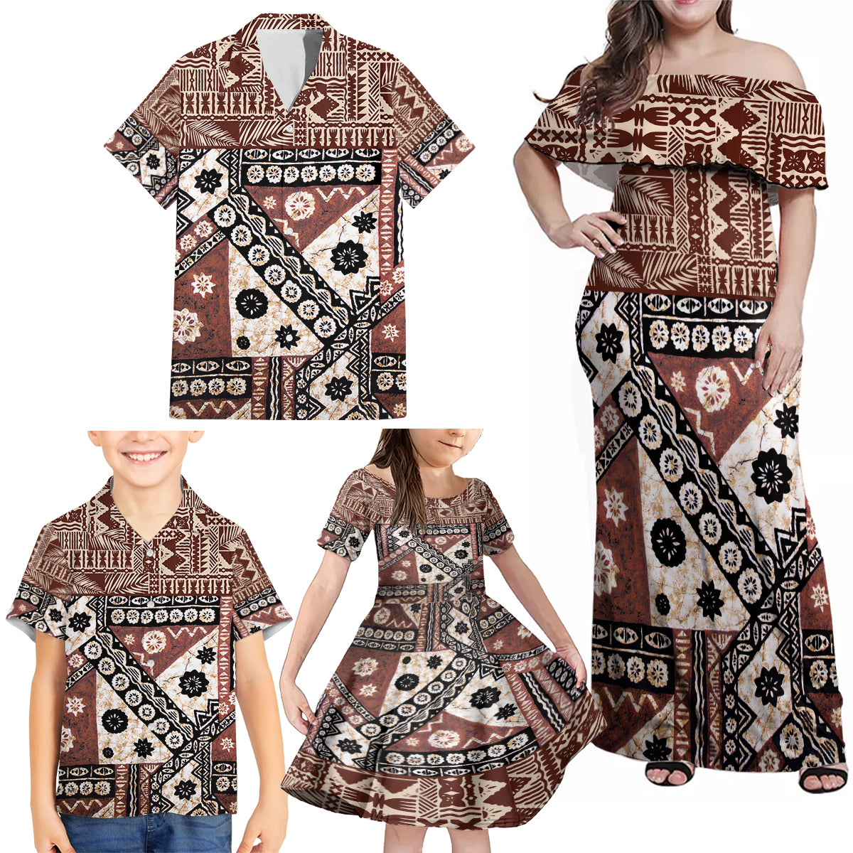 Bula Fiji Family Matching Off Shoulder Maxi Dress and Hawaiian Shirt Unique Masi Tapa Pattern LT14 - Polynesian Pride