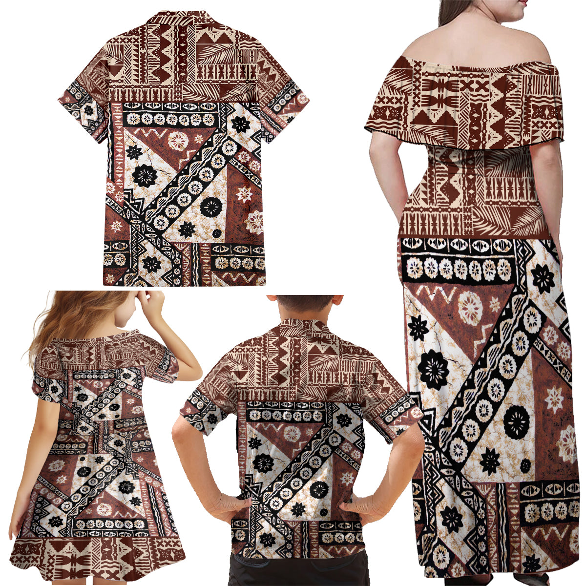 Bula Fiji Family Matching Off Shoulder Maxi Dress and Hawaiian Shirt Unique Masi Tapa Pattern LT14 - Polynesian Pride
