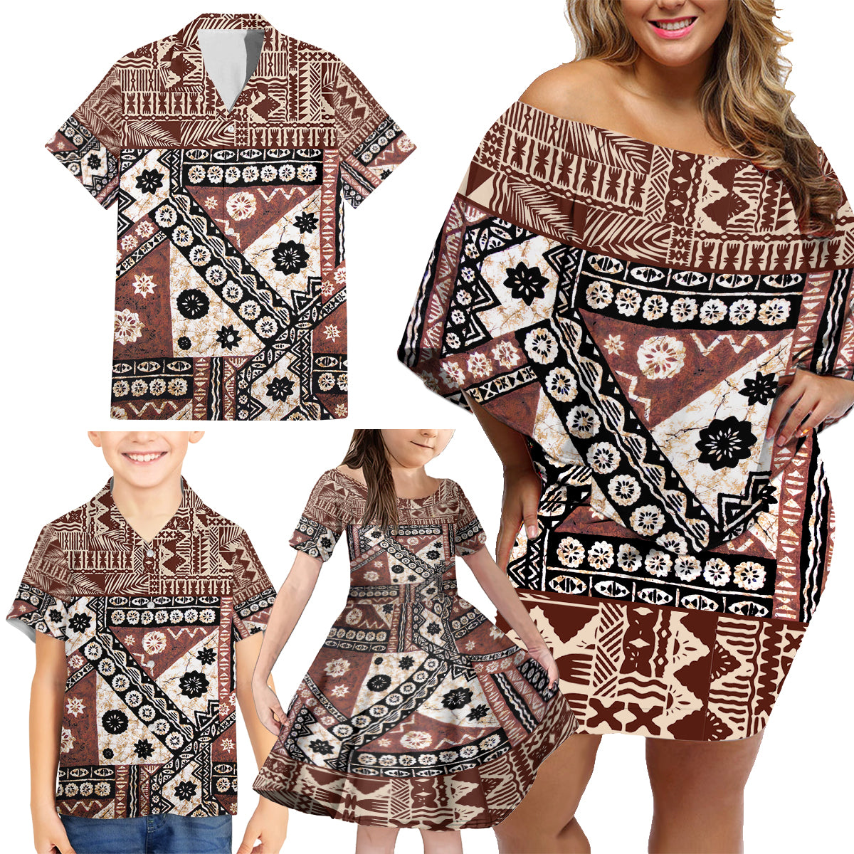 Bula Fiji Family Matching Off Shoulder Short Dress and Hawaiian Shirt Unique Masi Tapa Pattern LT14 - Polynesian Pride