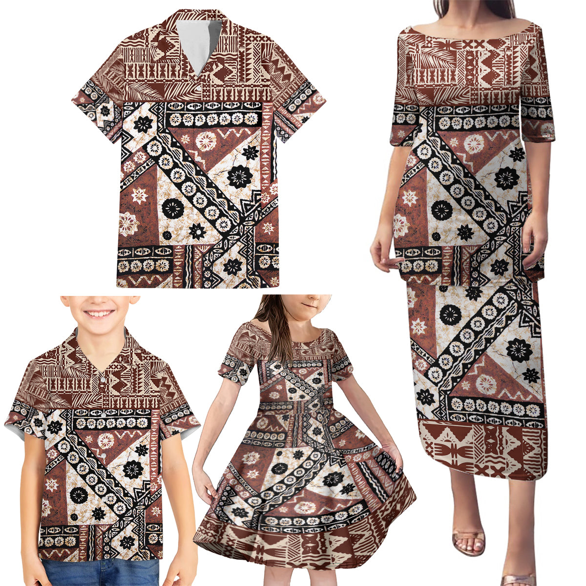 Bula Fiji Family Matching Puletasi Dress and Hawaiian Shirt Unique Masi Tapa Pattern LT14 - Polynesian Pride