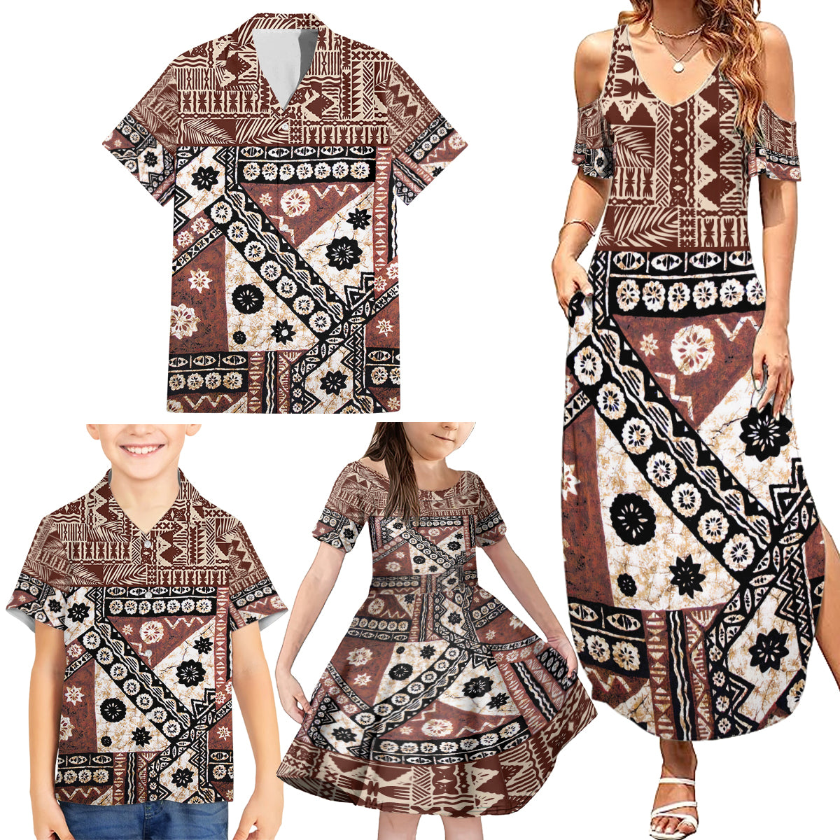 Bula Fiji Family Matching Summer Maxi Dress and Hawaiian Shirt Unique Masi Tapa Pattern LT14 - Polynesian Pride