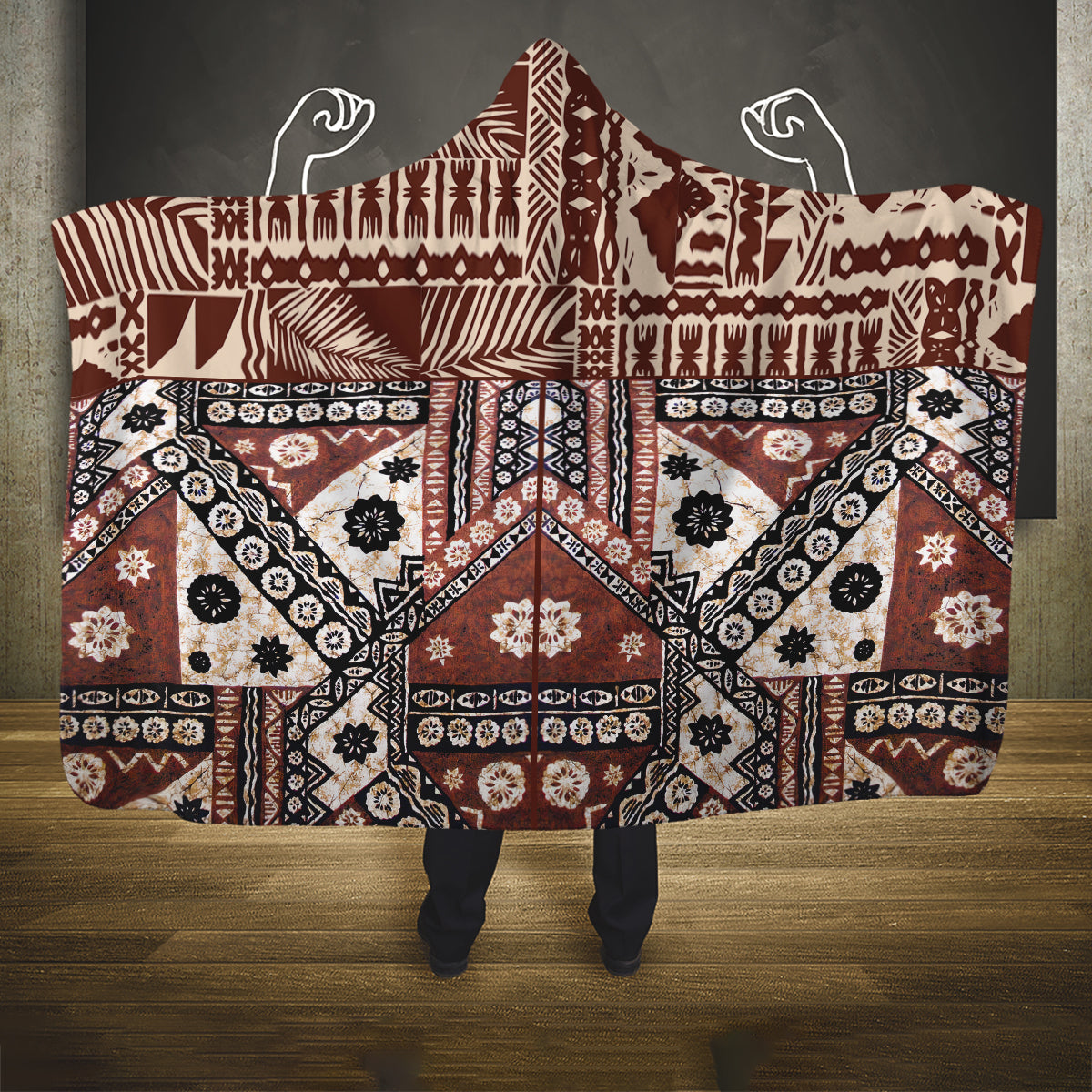 Bula Fiji Hooded Blanket Unique Masi Tapa Pattern LT14 One Size Brown - Polynesian Pride