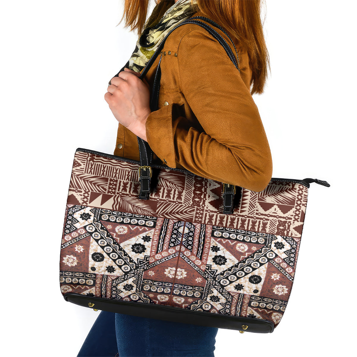 Bula Fiji Leather Tote Bag Unique Masi Tapa Pattern LT14 Brown - Polynesian Pride