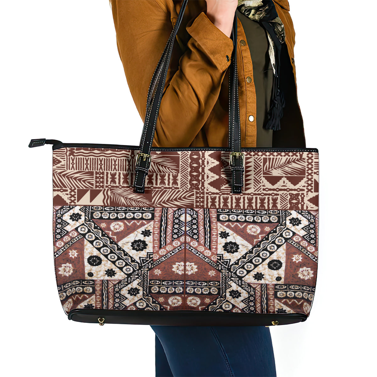 Bula Fiji Leather Tote Bag Unique Masi Tapa Pattern LT14 - Polynesian Pride