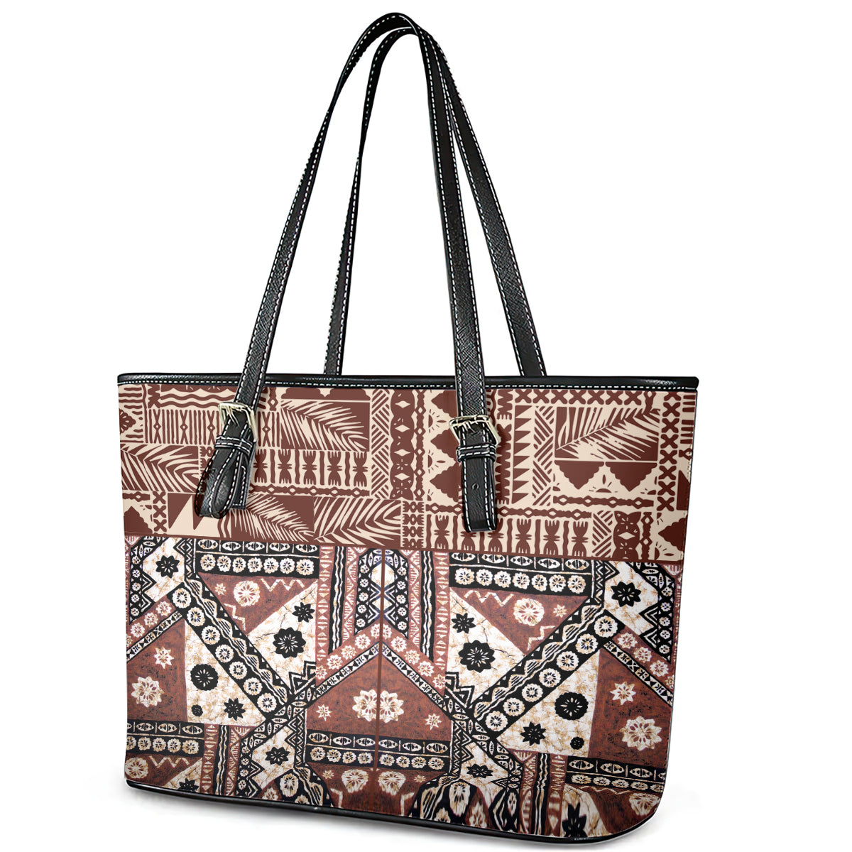 Bula Fiji Leather Tote Bag Unique Masi Tapa Pattern LT14 - Polynesian Pride