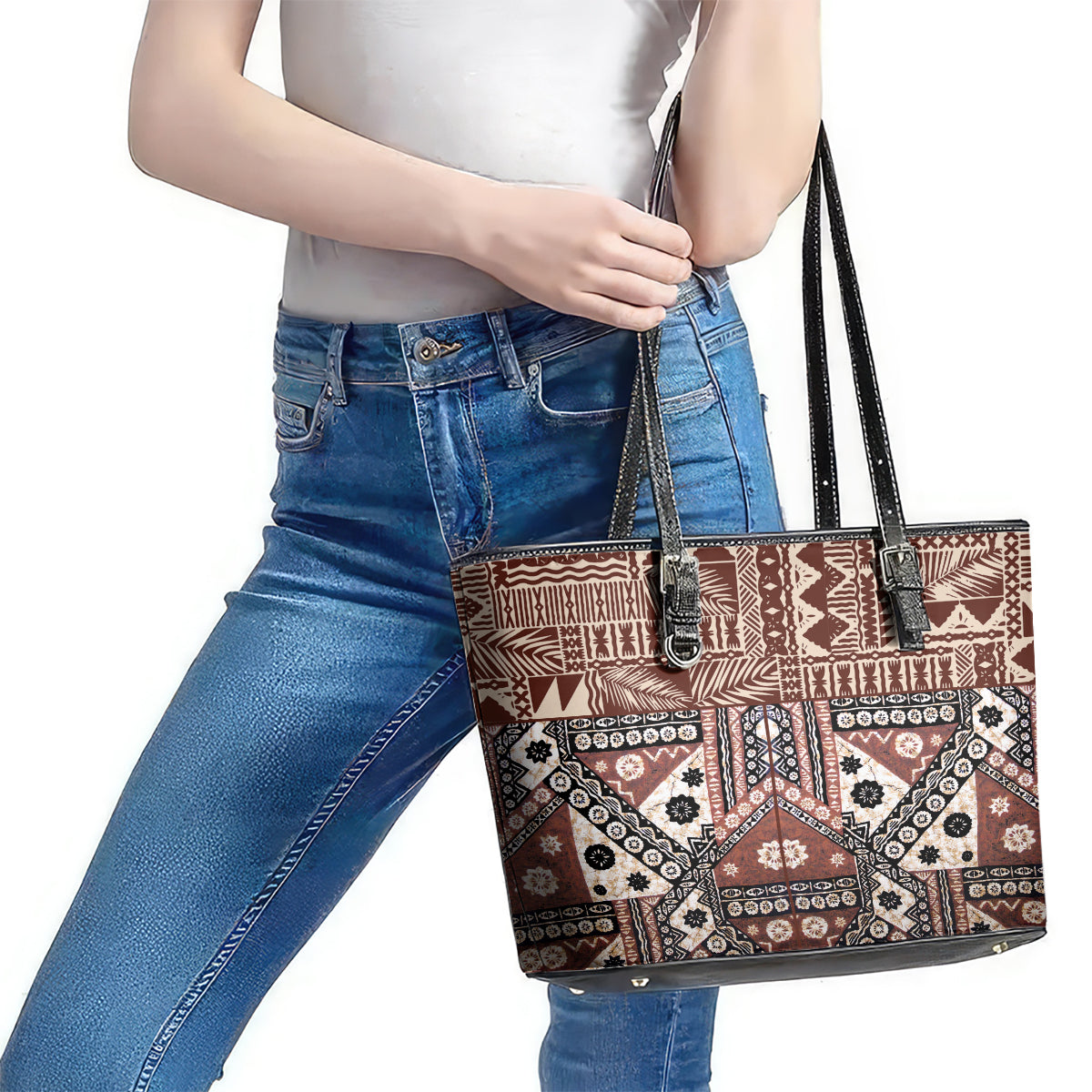 Bula Fiji Leather Tote Bag Unique Masi Tapa Pattern LT14 - Polynesian Pride