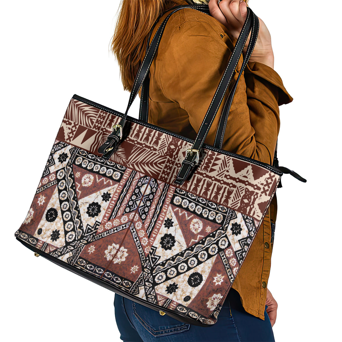 Bula Fiji Leather Tote Bag Unique Masi Tapa Pattern LT14 - Polynesian Pride