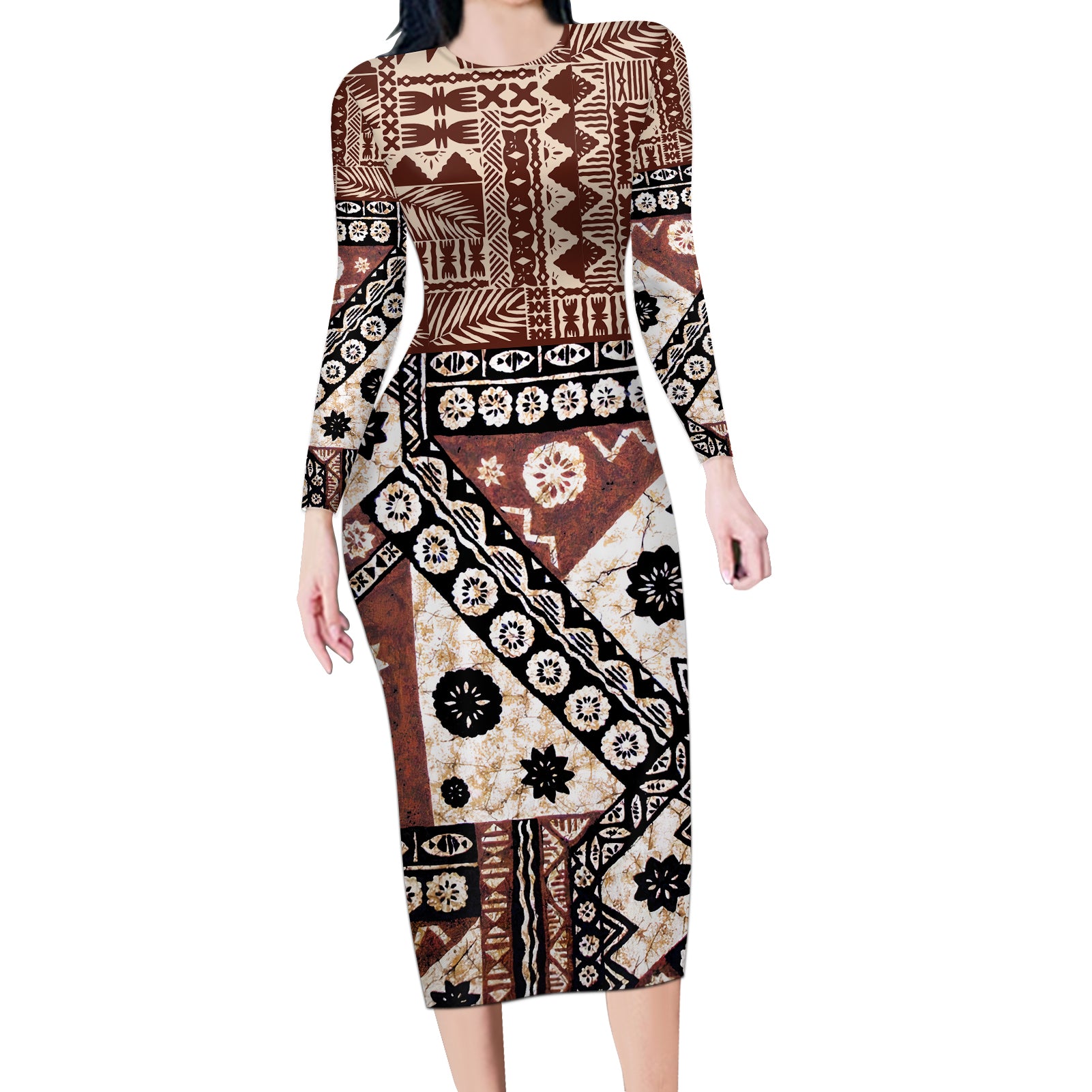 Bula Fiji Long Sleeve Bodycon Dress Unique Masi Tapa Pattern LT14 Long Dress Brown - Polynesian Pride