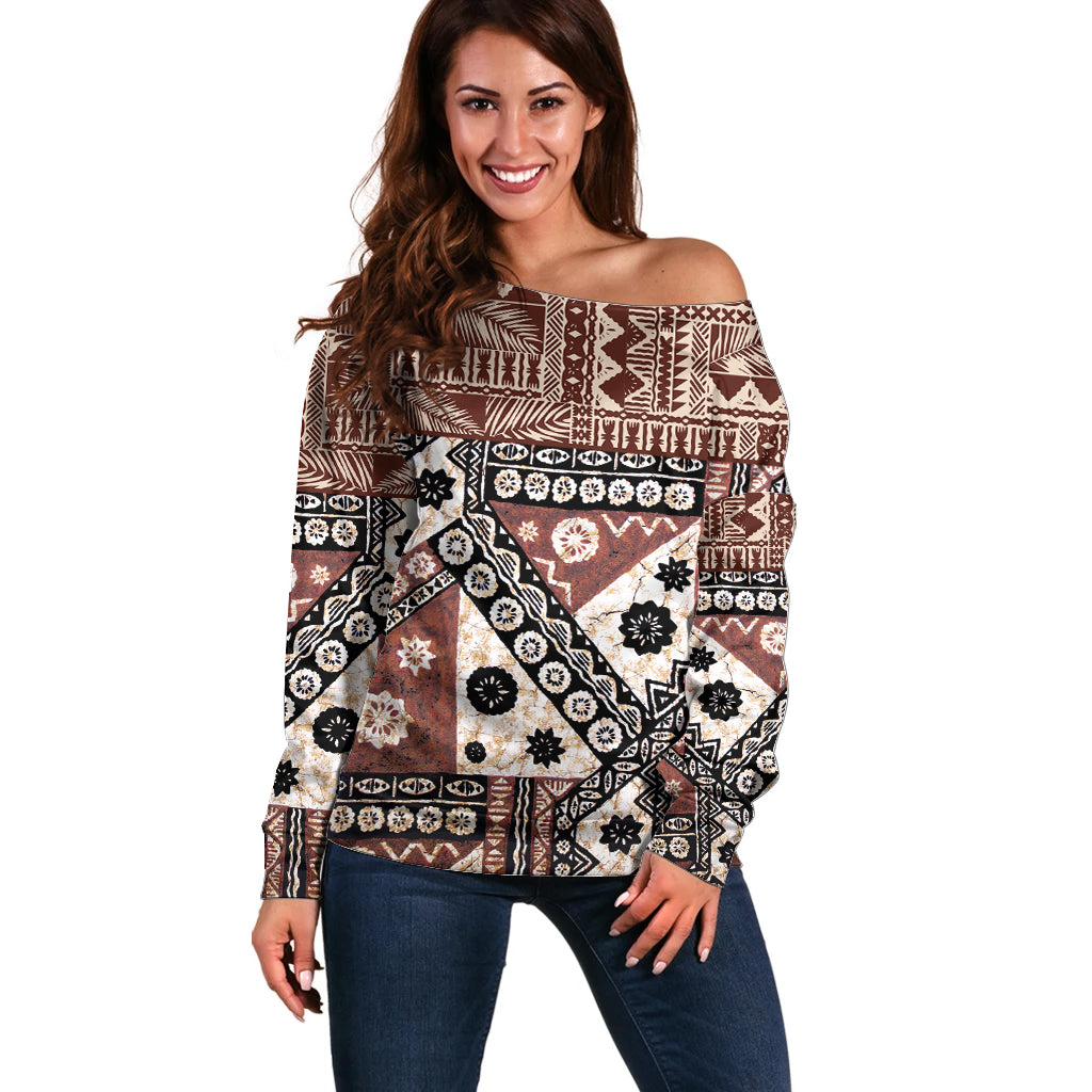 Bula Fiji Off Shoulder Sweater Unique Masi Tapa Pattern LT14 Women Brown - Polynesian Pride