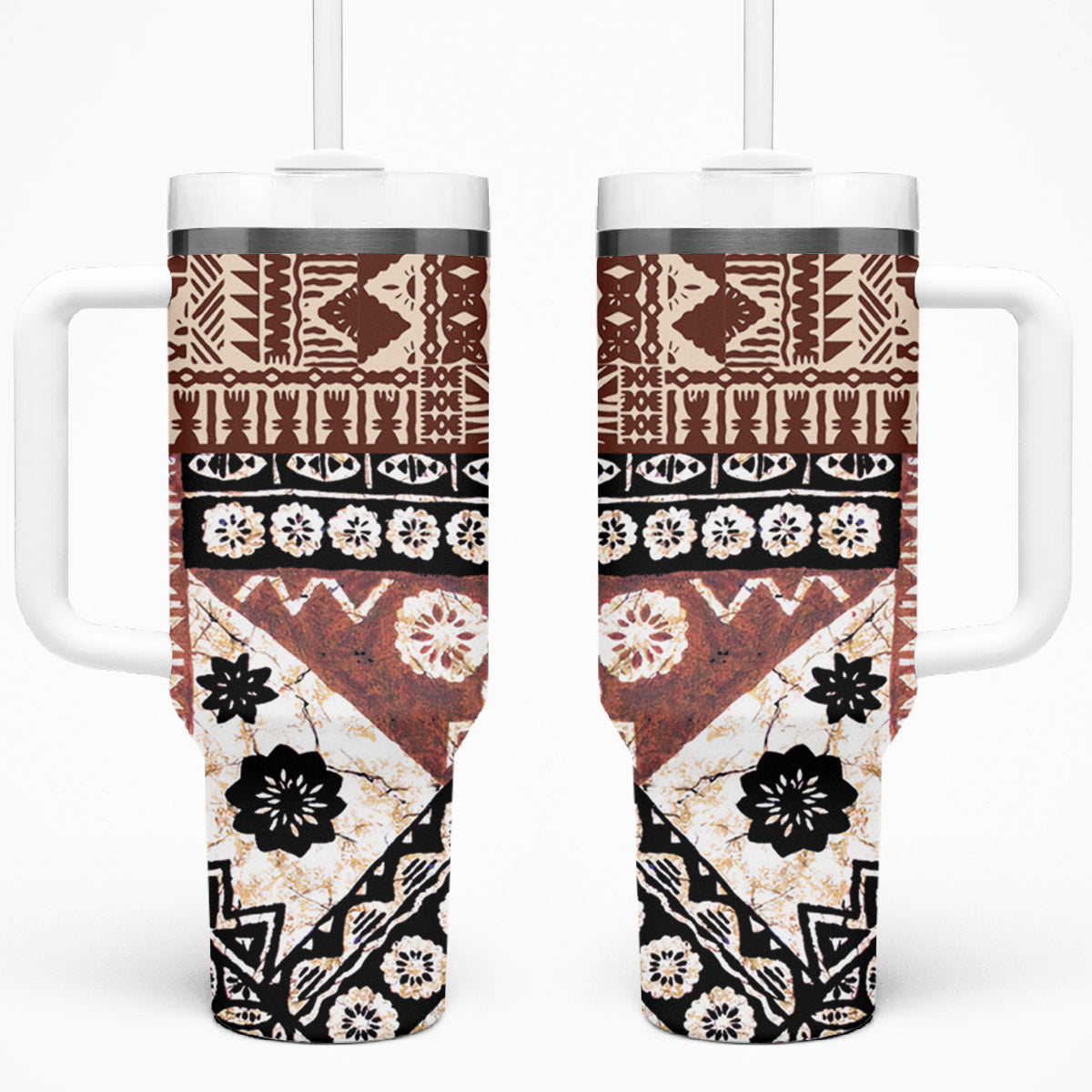 Bula Fiji Tumbler With Handle Unique Masi Tapa Pattern