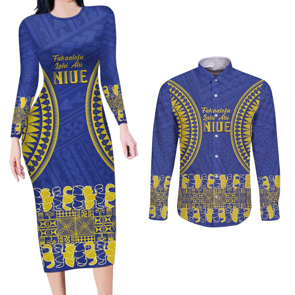 Fakaalofa Lahi Atu Niue Couples Matching Long Sleeve Bodycon Dress and Long Sleeve Button Shirt Siapo Pattern With Puakenikeni