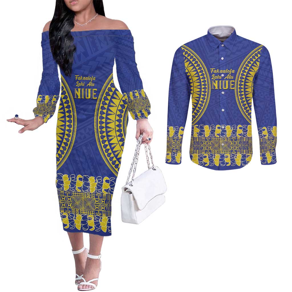 Fakaalofa Lahi Atu Niue Couples Matching Off The Shoulder Long Sleeve Dress and Long Sleeve Button Shirt Siapo Pattern With Puakenikeni