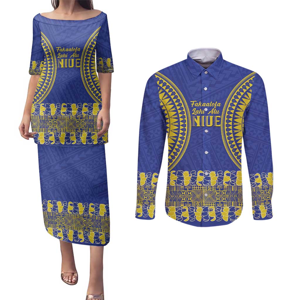 Fakaalofa Lahi Atu Niue Couples Matching Puletasi and Long Sleeve Button Shirt Siapo Pattern With Puakenikeni LT14 Blue - Polynesian Pride