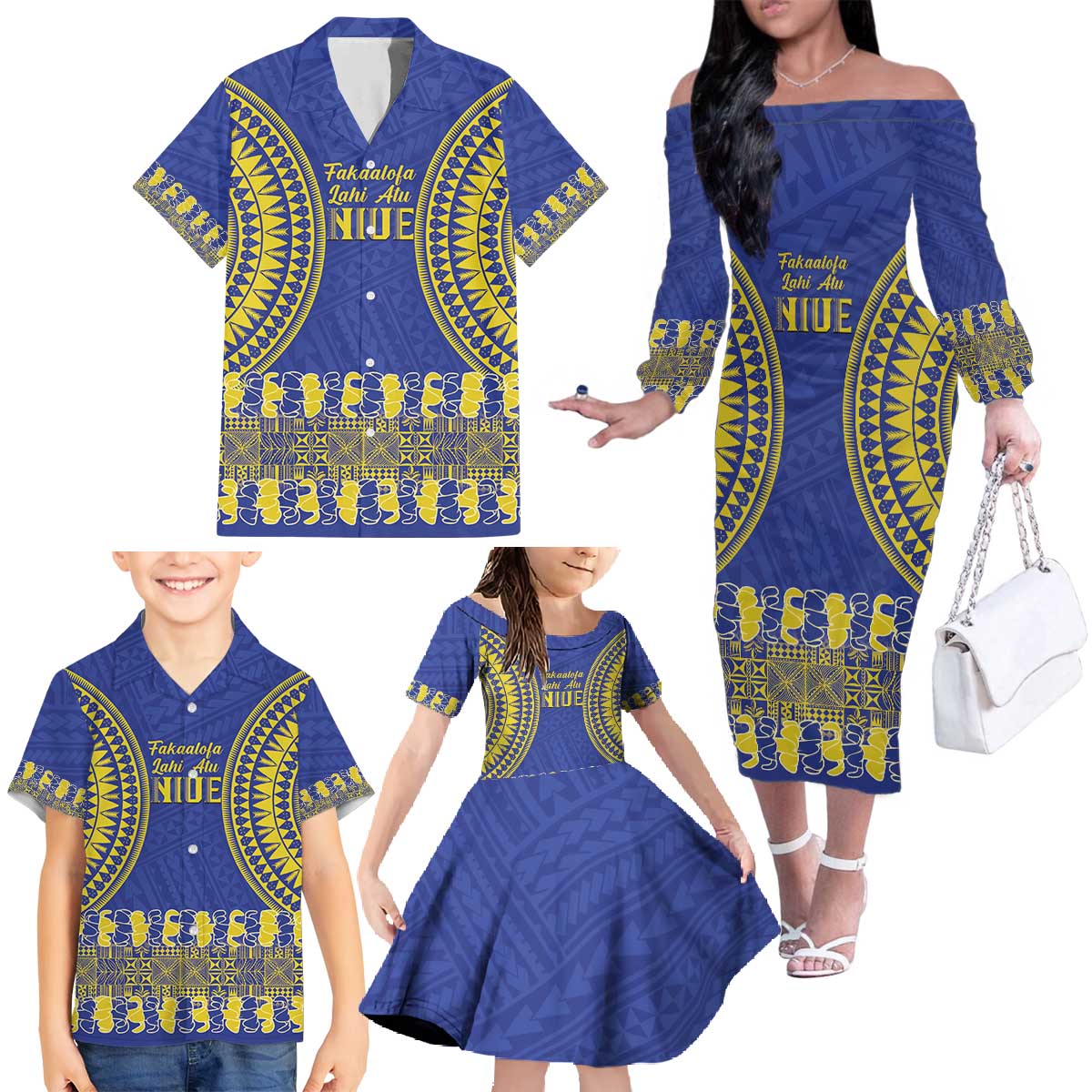 Fakaalofa Lahi Atu Niue Family Matching Off The Shoulder Long Sleeve Dress and Hawaiian Shirt Siapo Pattern With Puakenikeni