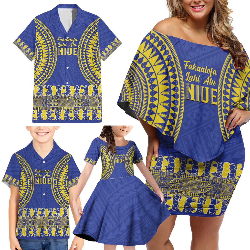 Fakaalofa Lahi Atu Niue Family Matching Off Shoulder Short Dress and Hawaiian Shirt Siapo Pattern With Puakenikeni