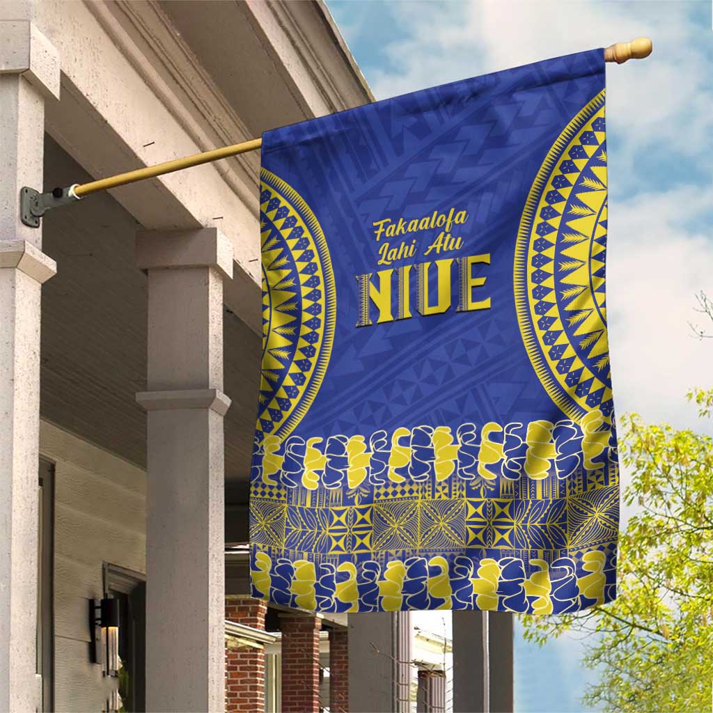 Fakaalofa Lahi Atu Niue Garden Flag Siapo Pattern With Puakenikeni LT14 House Flag Blue - Polynesian Pride