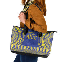 Fakaalofa Lahi Atu Niue Leather Tote Bag Siapo Pattern With Puakenikeni LT14 Blue - Polynesian Pride